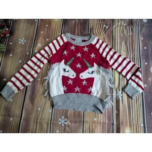 Girls XS 4-5 Winter Unicorns Ugly Christmas Sweater Fringe Red White Striped